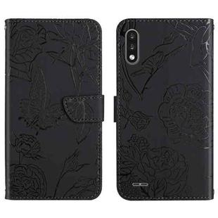 For LG K22 Skin Feel Butterfly Peony Embossed Leather Phone Case(Black)