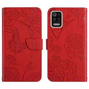 For LG K42 Skin Feel Butterfly Peony Embossed Leather Phone Case(Red)