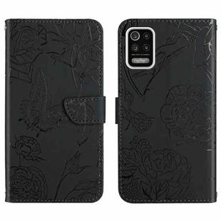 For LG K42 Skin Feel Butterfly Peony Embossed Leather Phone Case(Black)