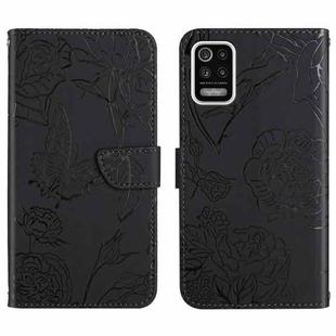 For LG K52 Skin Feel Butterfly Peony Embossed Leather Phone Case(Black)