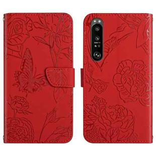 For Sony Xperia 1 III Skin Feel Butterfly Peony Embossed Leather Phone Case(Red)