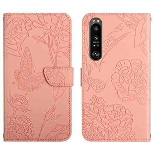 For Sony Xperia 1 III Skin Feel Butterfly Peony Embossed Leather Phone Case(Pink)
