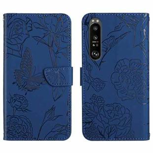 For Sony Xperia 1 III Skin Feel Butterfly Peony Embossed Leather Phone Case(Blue)