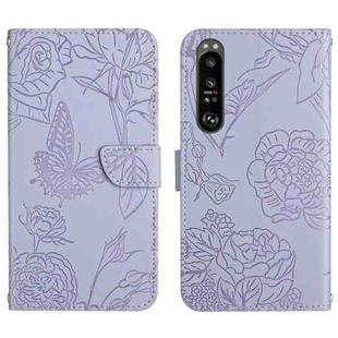 For Sony Xperia 1 III Skin Feel Butterfly Peony Embossed Leather Phone Case(Purple)