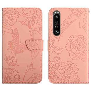 For Sony Xperia 1 IV Skin Feel Butterfly Peony Embossed Leather Phone Case(Pink)