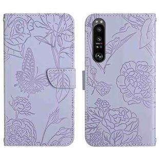 For Sony Xperia 1 IV Skin Feel Butterfly Peony Embossed Leather Phone Case(Purple)