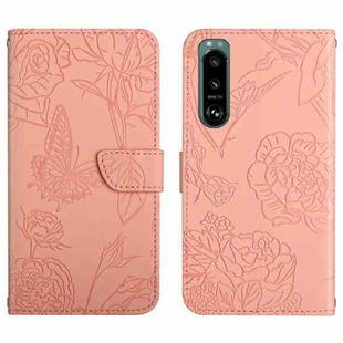 For Sony Xperia 5 III Skin Feel Butterfly Peony Embossed Leather Phone Case(Pink)