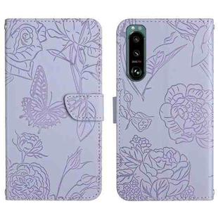 For Sony Xperia 5 III Skin Feel Butterfly Peony Embossed Leather Phone Case(Purple)