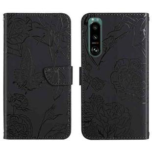 For Sony Xperia 5 III Skin Feel Butterfly Peony Embossed Leather Phone Case(Black)