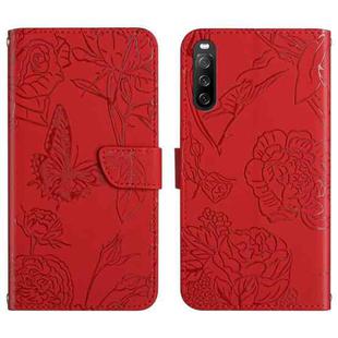 For Sony Xperia 10 III Skin Feel Butterfly Peony Embossed Leather Phone Case(Red)