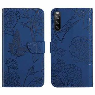 For Sony Xperia 10 III Skin Feel Butterfly Peony Embossed Leather Phone Case(Blue)