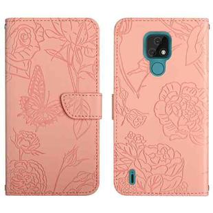 For Motorola Moto E7 Skin Feel Butterfly Peony Embossed Leather Phone Case(Pink)
