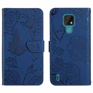 For Motorola Moto E7 Skin Feel Butterfly Peony Embossed Leather Phone Case(Blue)