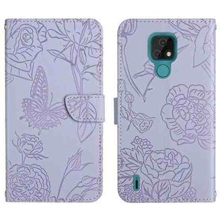 For Motorola Moto E7 Skin Feel Butterfly Peony Embossed Leather Phone Case(Purple)