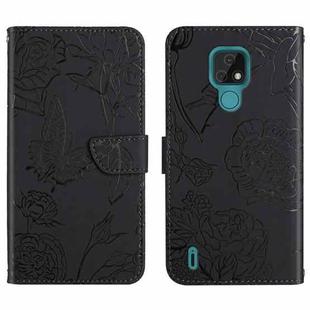 For Motorola Moto E7 Skin Feel Butterfly Peony Embossed Leather Phone Case(Black)