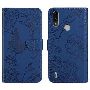 For Motorola Moto E7 Power Skin Feel Butterfly Peony Embossed Leather Phone Case(Blue)