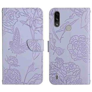 For Motorola Moto E7 Power Skin Feel Butterfly Peony Embossed Leather Phone Case(Purple)