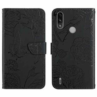 For Motorola Moto E7 Power Skin Feel Butterfly Peony Embossed Leather Phone Case(Black)