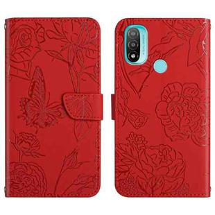For Motorola Moto E20 / E30 / E40 Skin Feel Butterfly Peony Embossed Leather Phone Case(Red)