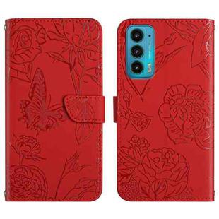 For Motorola Edge 20 Skin Feel Butterfly Peony Embossed Leather Phone Case(Red)