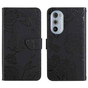 For Motorola Edge 30 Pro Skin Feel Butterfly Peony Embossed Leather Phone Case(Black)
