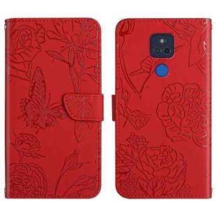 For Motorola Moto G Play 2021 Skin Feel Butterfly Peony Embossed Leather Phone Case(Red)