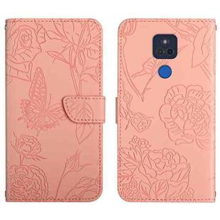 For Motorola Moto G Play 2021 Skin Feel Butterfly Peony Embossed Leather Phone Case(Pink)