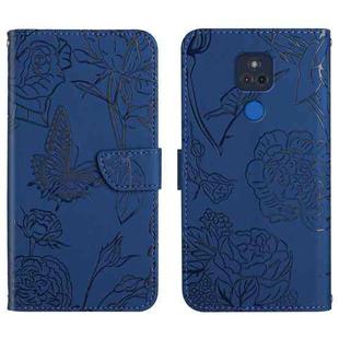 For Motorola Moto G Play 2021 Skin Feel Butterfly Peony Embossed Leather Phone Case(Blue)