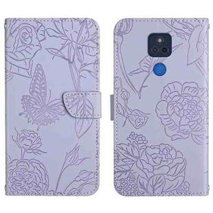 For Motorola Moto G Play 2021 Skin Feel Butterfly Peony Embossed Leather Phone Case(Purple)