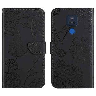 For Motorola Moto G Play 2021 Skin Feel Butterfly Peony Embossed Leather Phone Case(Black)