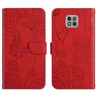 For Motorola Moto G Power 2021 Skin Feel Butterfly Peony Embossed Leather Phone Case(Red)