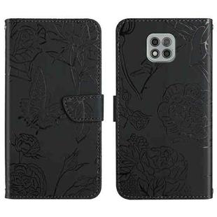 For Motorola Moto G Power 2021 Skin Feel Butterfly Peony Embossed Leather Phone Case(Black)