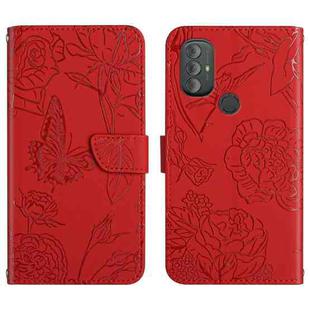 For Motorola Moto G Power 2022 Skin Feel Butterfly Peony Embossed Leather Phone Case(Red)