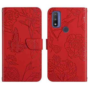 For Motorola Moto G Pure 2021 Skin Feel Butterfly Peony Embossed Leather Phone Case(Red)