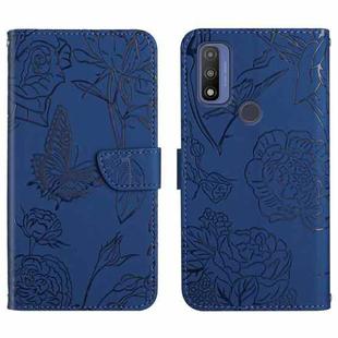 For Motorola Moto G Pure 2021 Skin Feel Butterfly Peony Embossed Leather Phone Case(Blue)