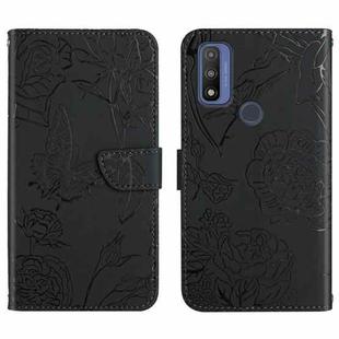 For Motorola Moto G Pure 2021 Skin Feel Butterfly Peony Embossed Leather Phone Case(Black)