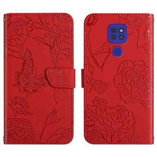 For Motorola Moto G9 Skin Feel Butterfly Peony Embossed Leather Phone Case(Red)