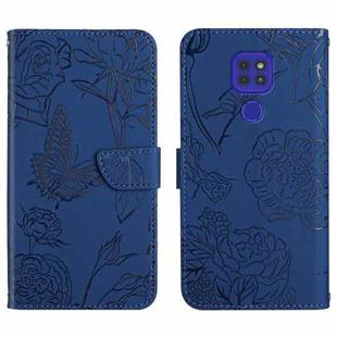 For Motorola Moto G9 Skin Feel Butterfly Peony Embossed Leather Phone Case(Blue)