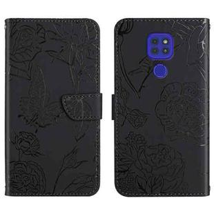 For Motorola Moto G9 Skin Feel Butterfly Peony Embossed Leather Phone Case(Black)