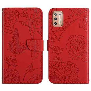 For Motorola Moto G9 Plus Skin Feel Butterfly Peony Embossed Leather Phone Case(Red)