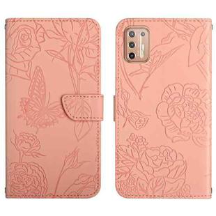 For Motorola Moto G9 Plus Skin Feel Butterfly Peony Embossed Leather Phone Case(Pink)