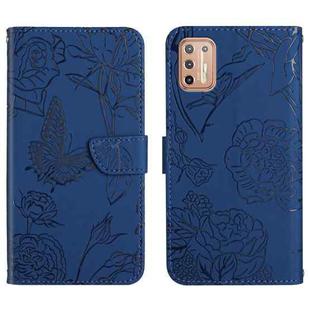 For Motorola Moto G9 Plus Skin Feel Butterfly Peony Embossed Leather Phone Case(Blue)