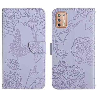 For Motorola Moto G9 Plus Skin Feel Butterfly Peony Embossed Leather Phone Case(Purple)