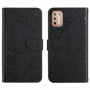 For Motorola Moto G9 Plus Skin Feel Butterfly Peony Embossed Leather Phone Case(Black)