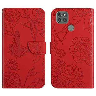 For Motorola Moto G9 Power Skin Feel Butterfly Peony Embossed Leather Phone Case(Red)