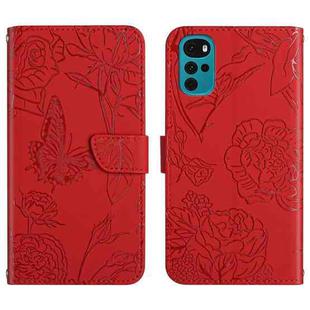 For Motorola Moto G22 Skin Feel Butterfly Peony Embossed Leather Phone Case(Red)