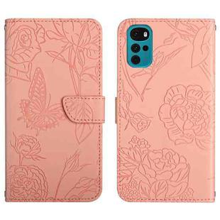 For Motorola Moto G22 Skin Feel Butterfly Peony Embossed Leather Phone Case(Pink)