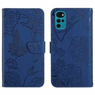 For Motorola Moto G22 Skin Feel Butterfly Peony Embossed Leather Phone Case(Blue)