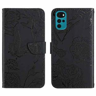 For Motorola Moto G22 Skin Feel Butterfly Peony Embossed Leather Phone Case(Black)