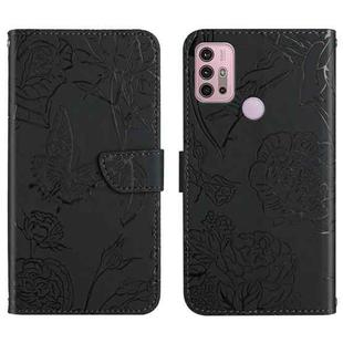 For Motorola Moto G30 Skin Feel Butterfly Peony Embossed Leather Phone Case(Black)